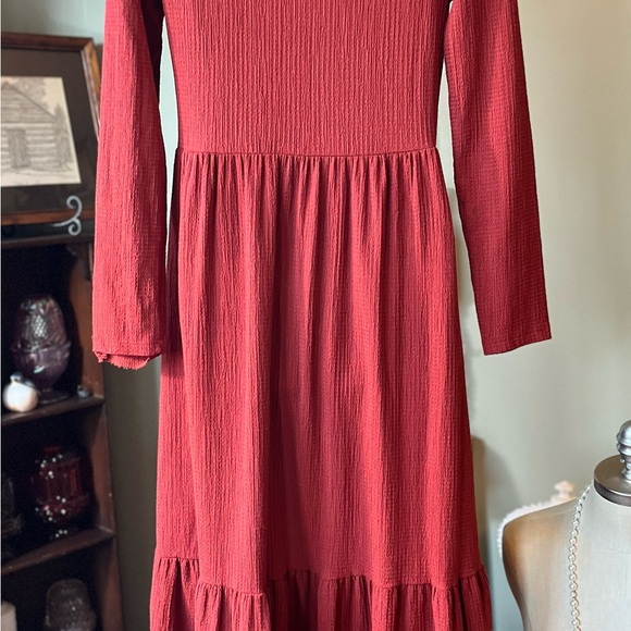 LUSH BURNT ORANGE TIERED DRESS SIZE MEDIUM FALL DRESS WAFFLE PRINT - Picture 6 of 11